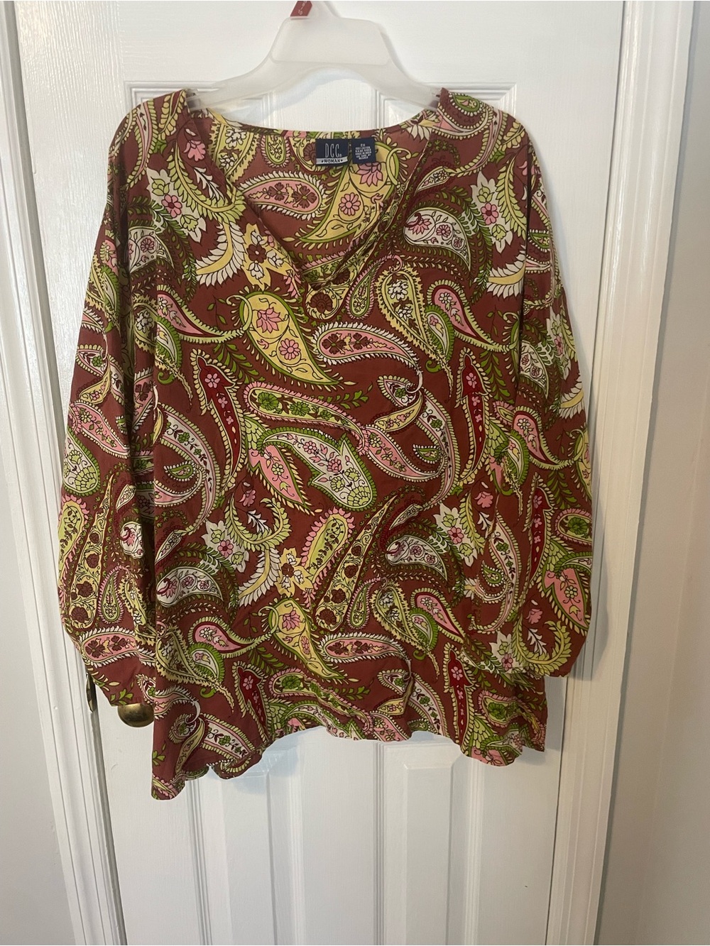 Vintage DCC Woman Paisley V-Neck Peasant Top Brown Pink Green 100% Cotton Sz 2X
